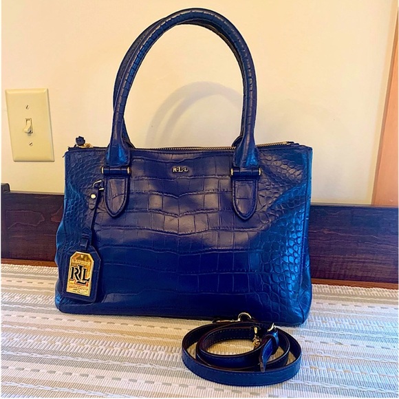 💙 Beautiful‼️ Ralph Lauren navy leather croc
embossed double zip two-way satchel - Picture 2 of 14